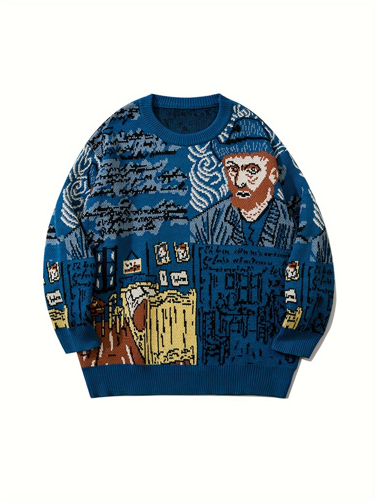 Jacquard crewneck pullover featuring a portrait motif across the front