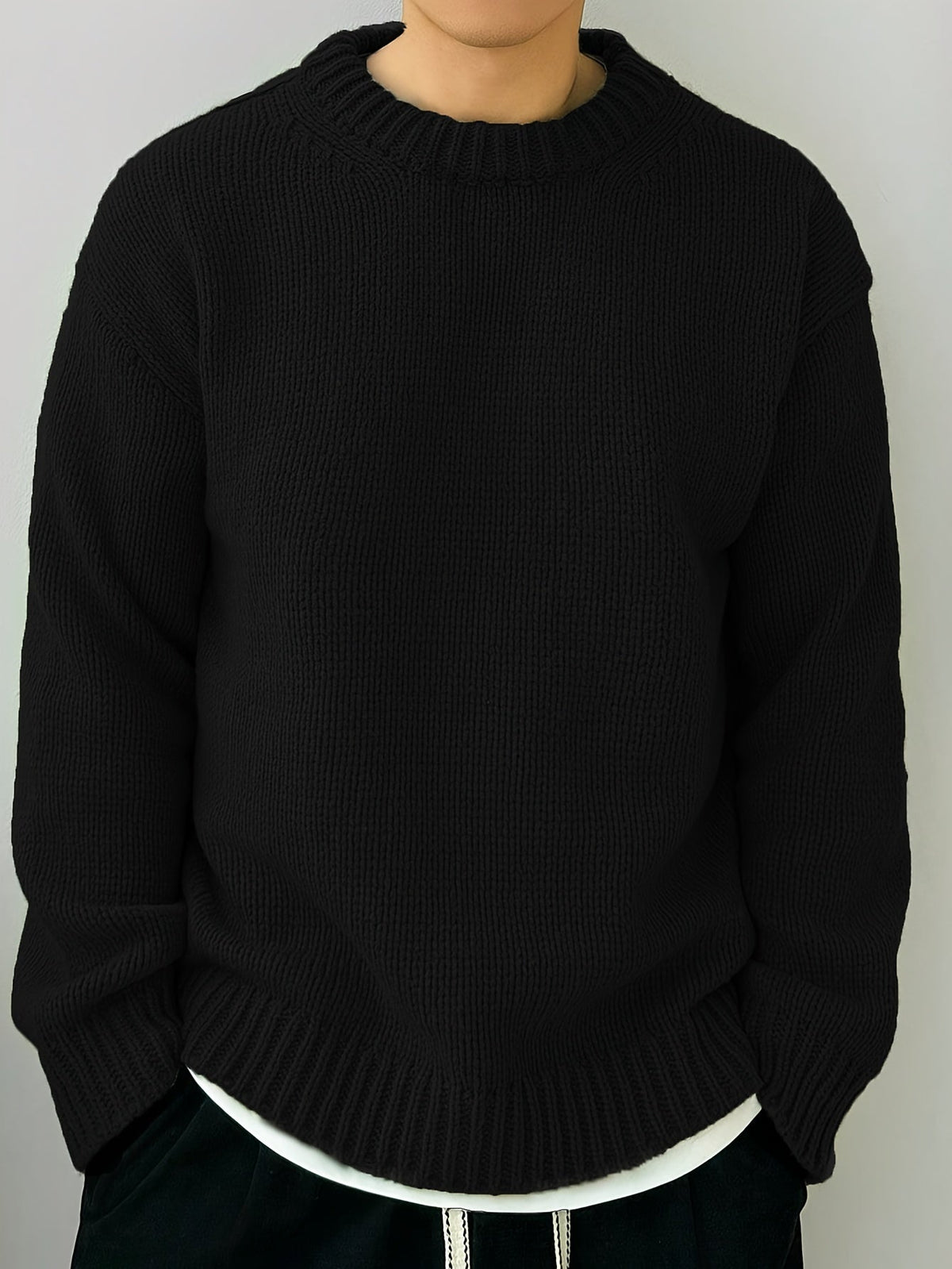 Textured Knit Oversized Crewneck Sweater