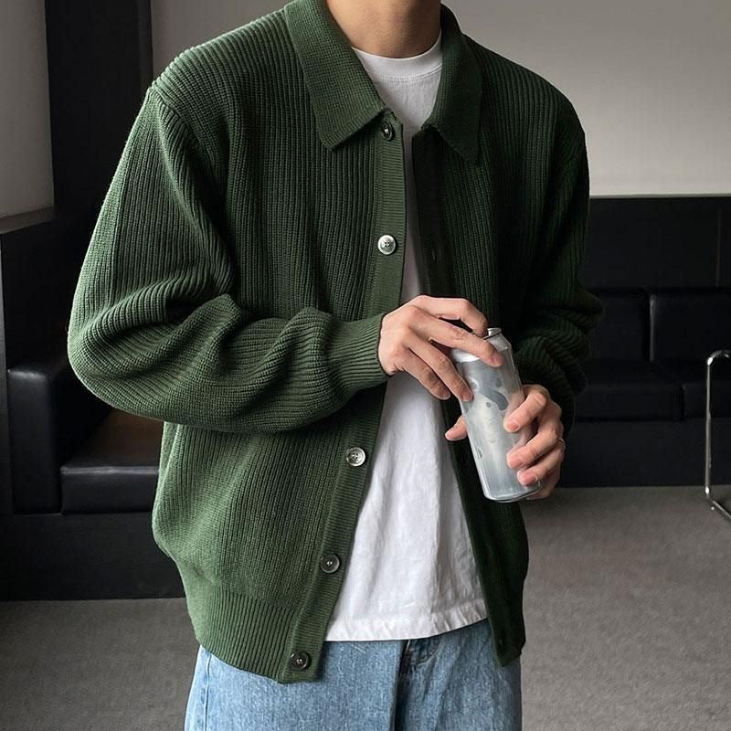 Ribbed collar button front cardigan displayed from the front