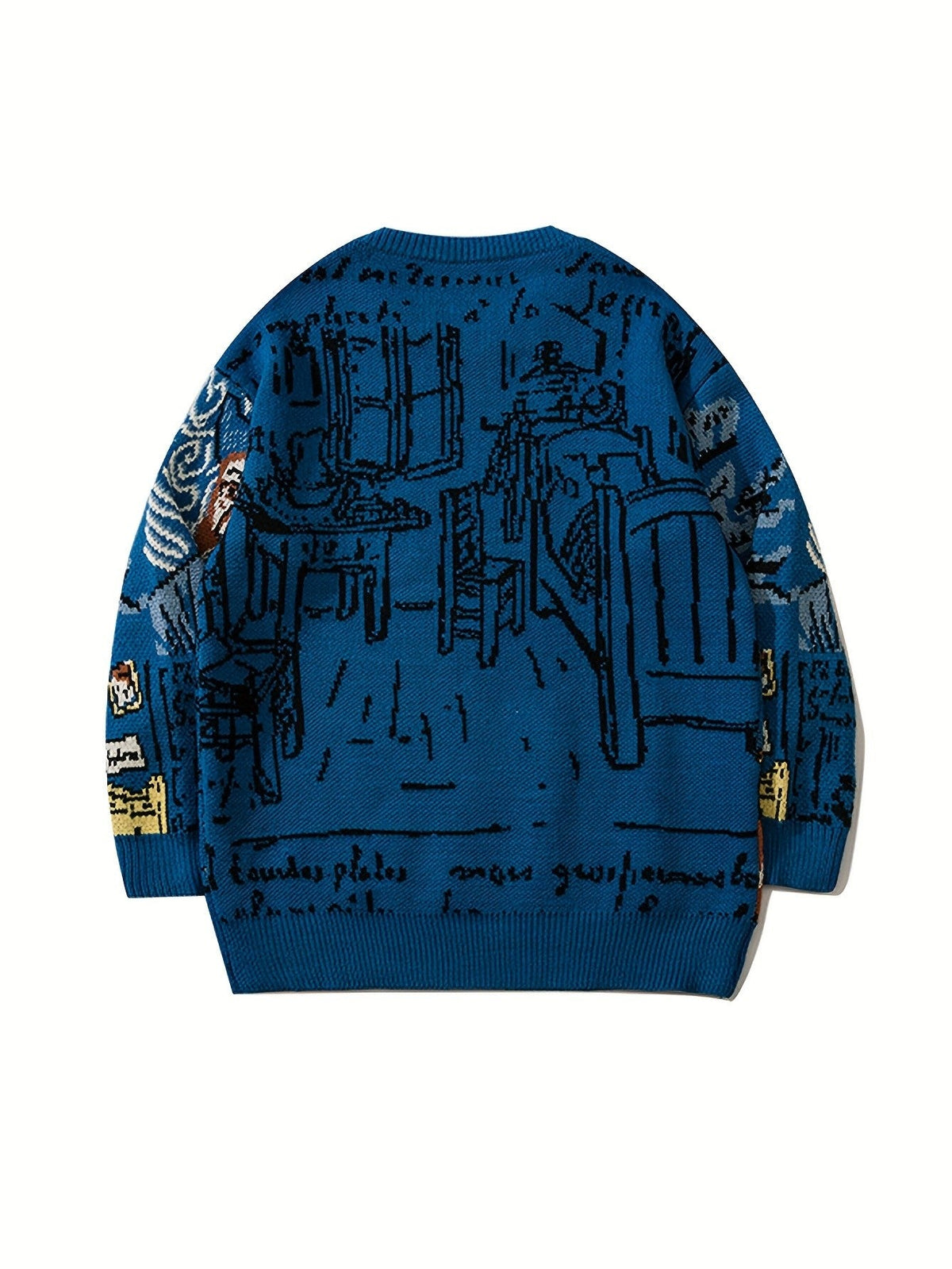 Front view of the portrait motif jacquard crewneck pullover