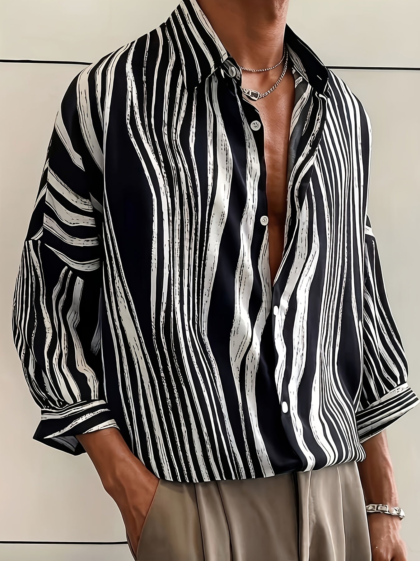 Close-up of the vertical print on a men’s resort shirt