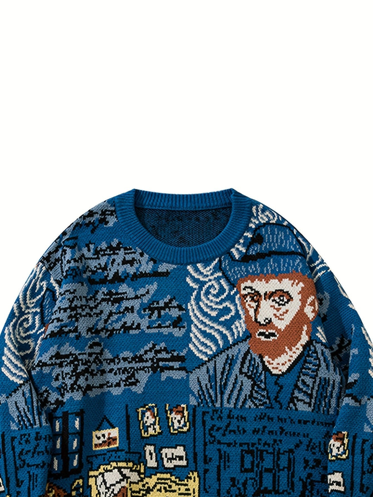 Close-up view of the detailed jacquard portrait knit pattern