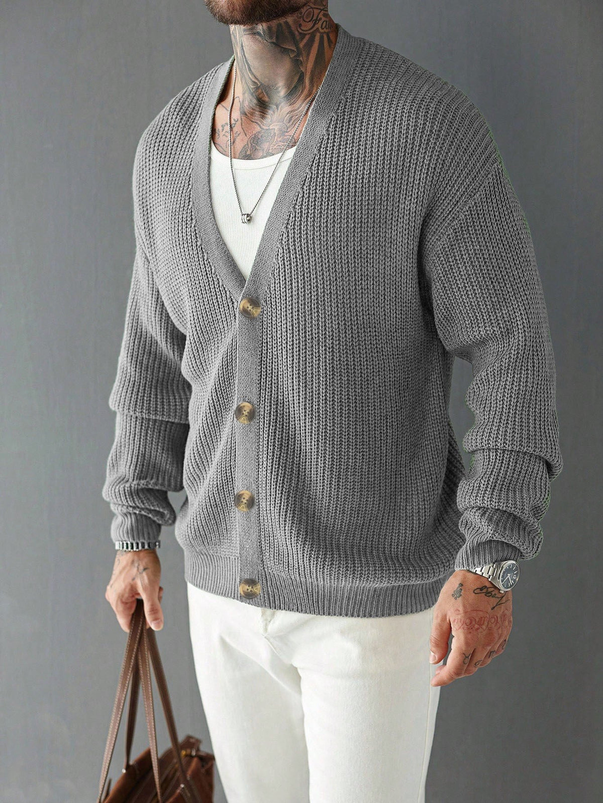 V-neckline detail on a chunky ribbed button cardigan