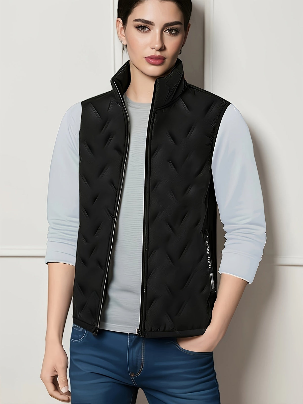 Men's stand-collar vest presented in a clean everyday outfit