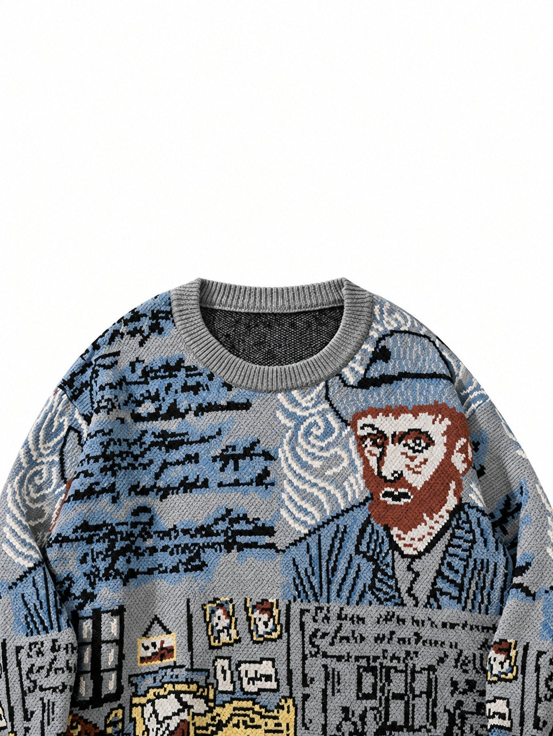Ribbed cuffs and hem on the jacquard portrait motif sweater