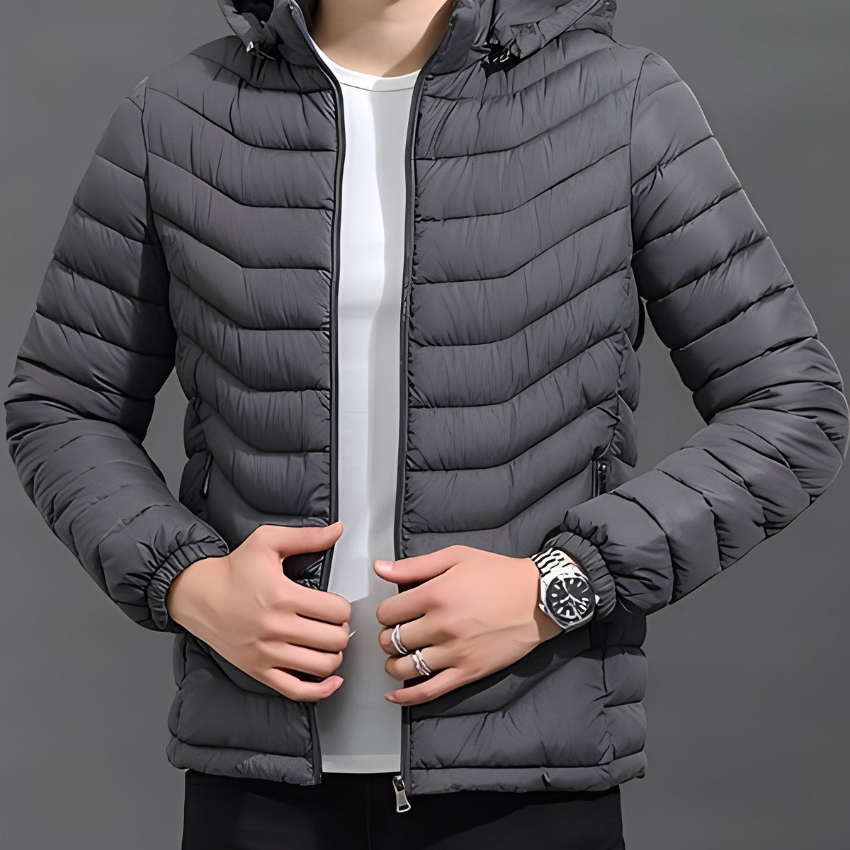 Hood detail on a warm men's quilted jacket