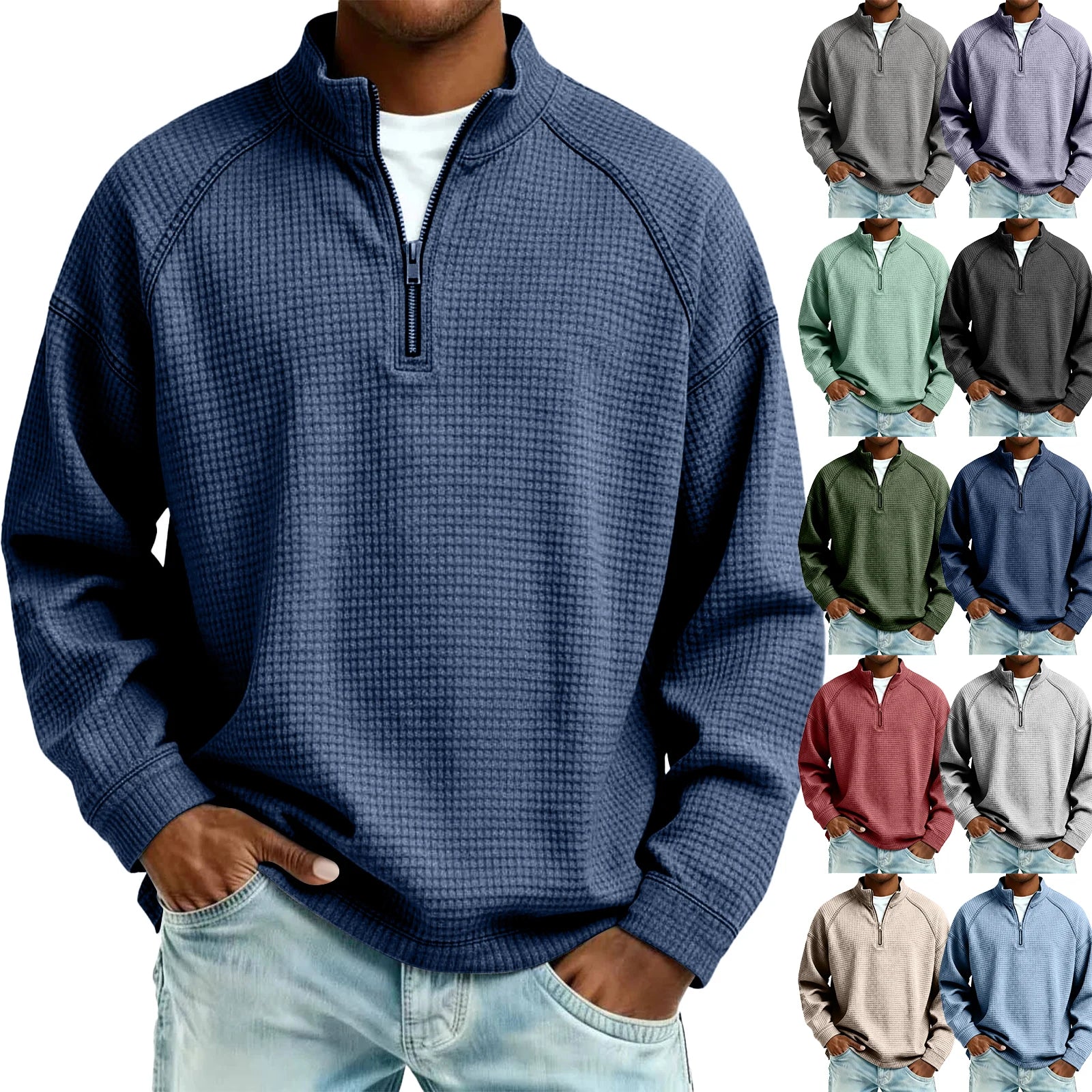 Men Waffle Knit Quarter Zip Pullover Loose Fit Casual Top