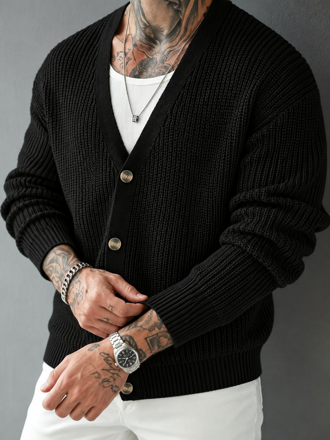 Chunky Ribbed V Neck Button Cardigan