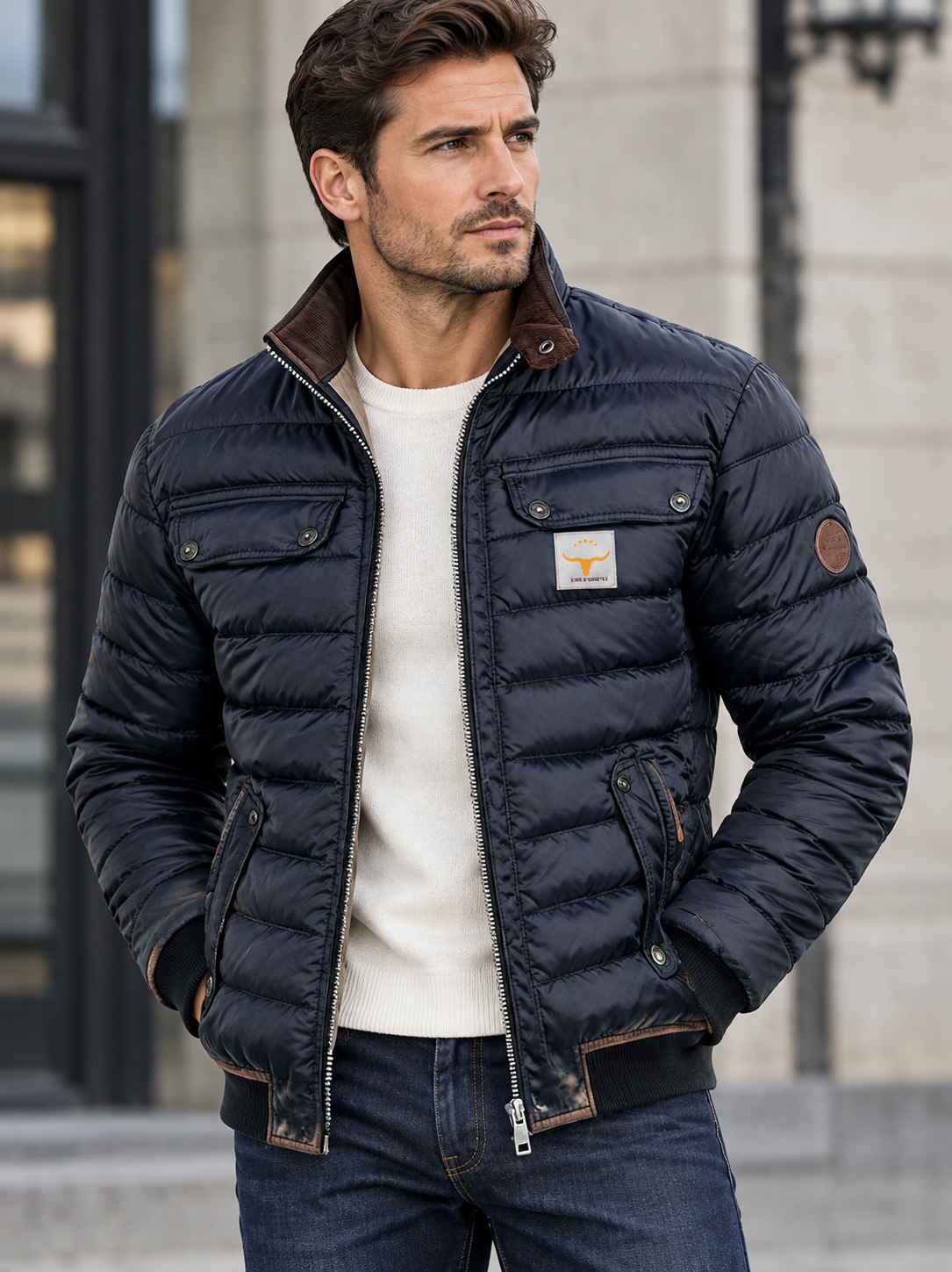Back view of the men's vintage jacket with classic styling