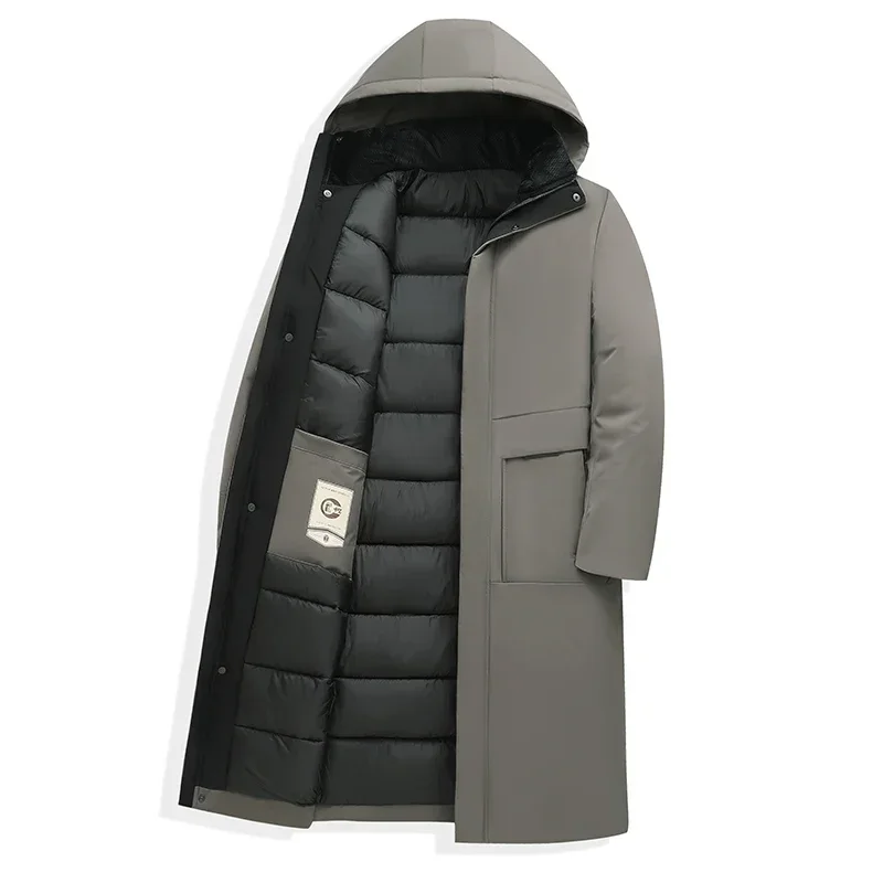 Side view of a men's long quilted hooded coat
