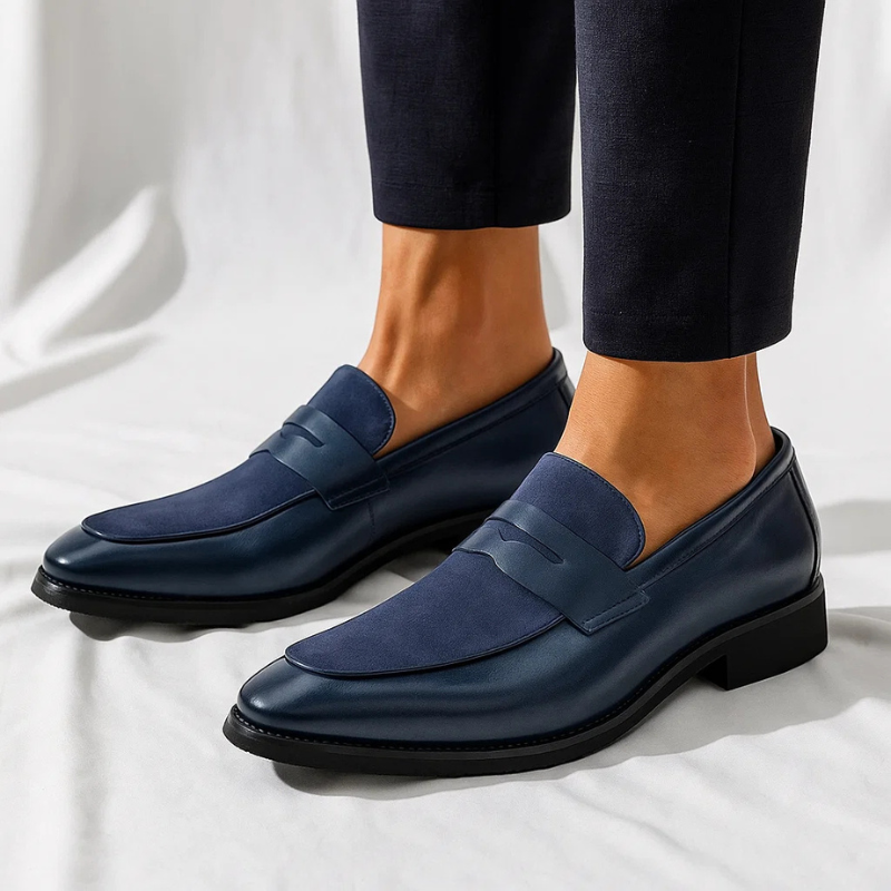 Close-up of the suede panel and penny loafer strap