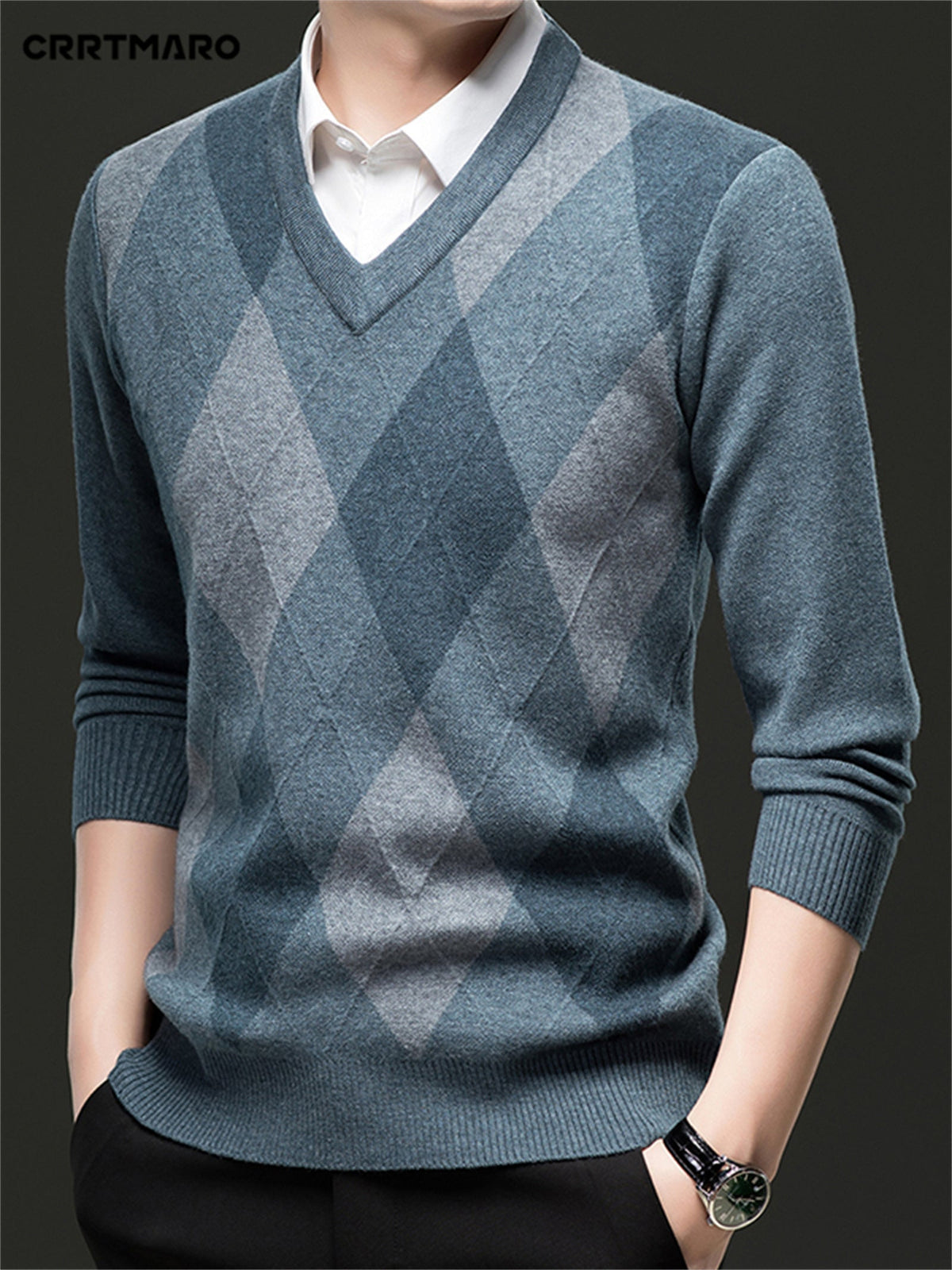 Argyle V-neck sweater layered over a collared shirt