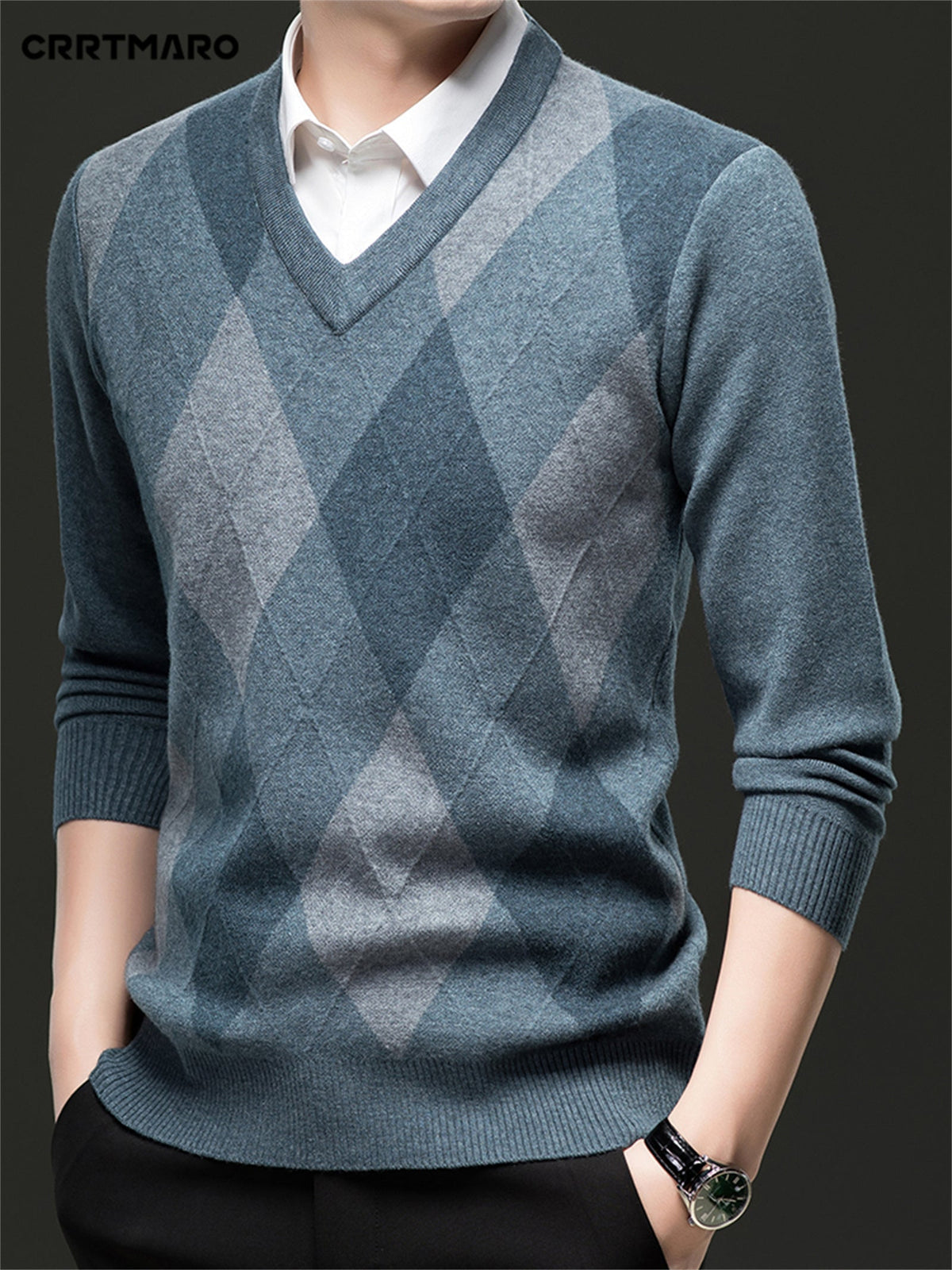 Men's argyle sweater displayed for everyday layering