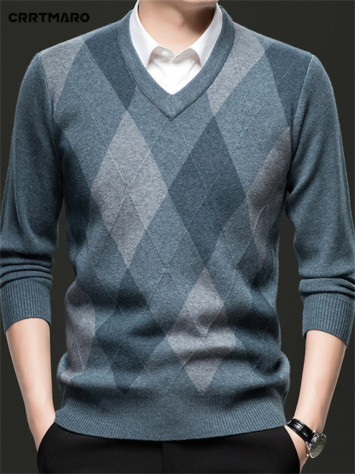 Detailed view of the knit texture and argyle pattern