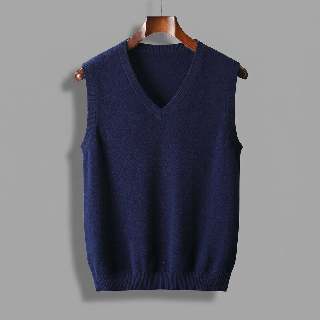 Side view showing the relaxed fit of the V-neck sweater vest