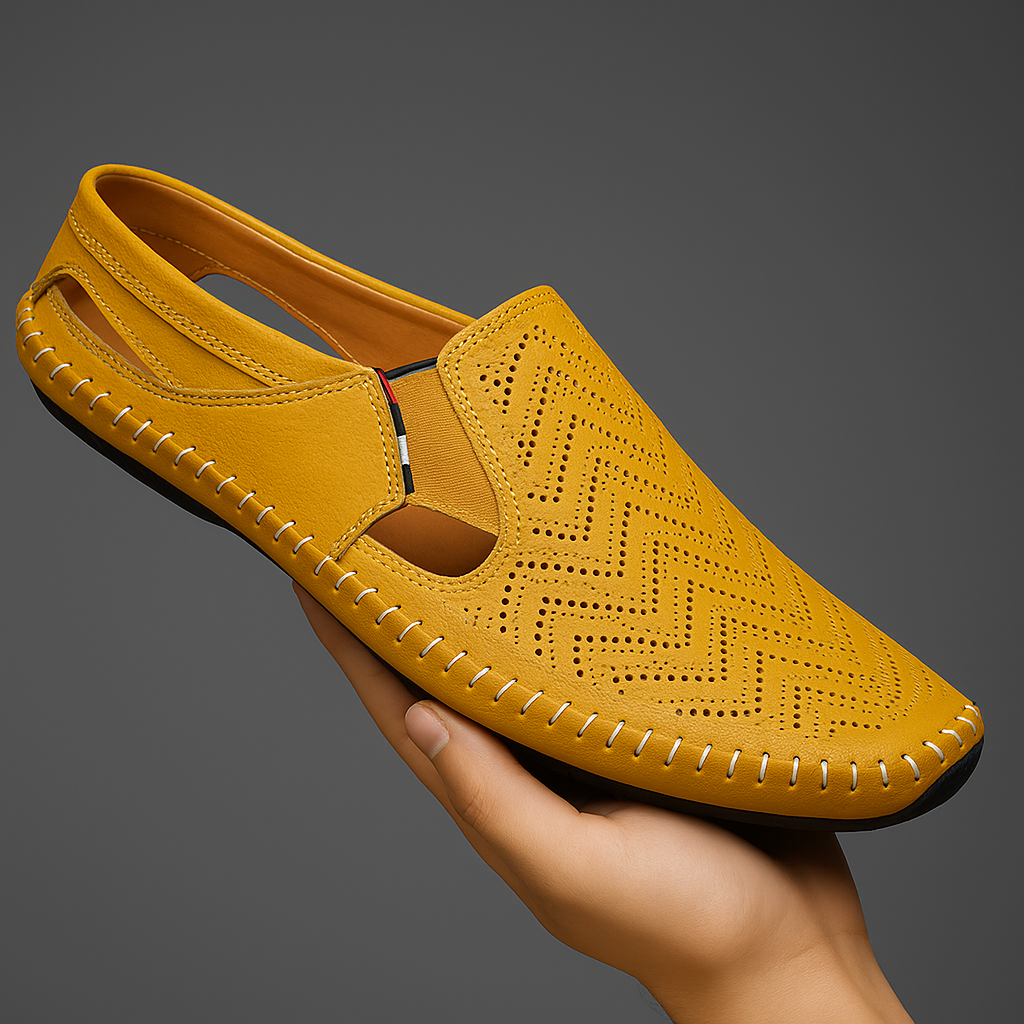 Front view of the perforated leather strap sandals