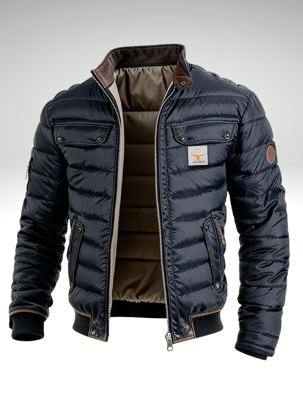 Side view of a men's vintage stand collar jacket