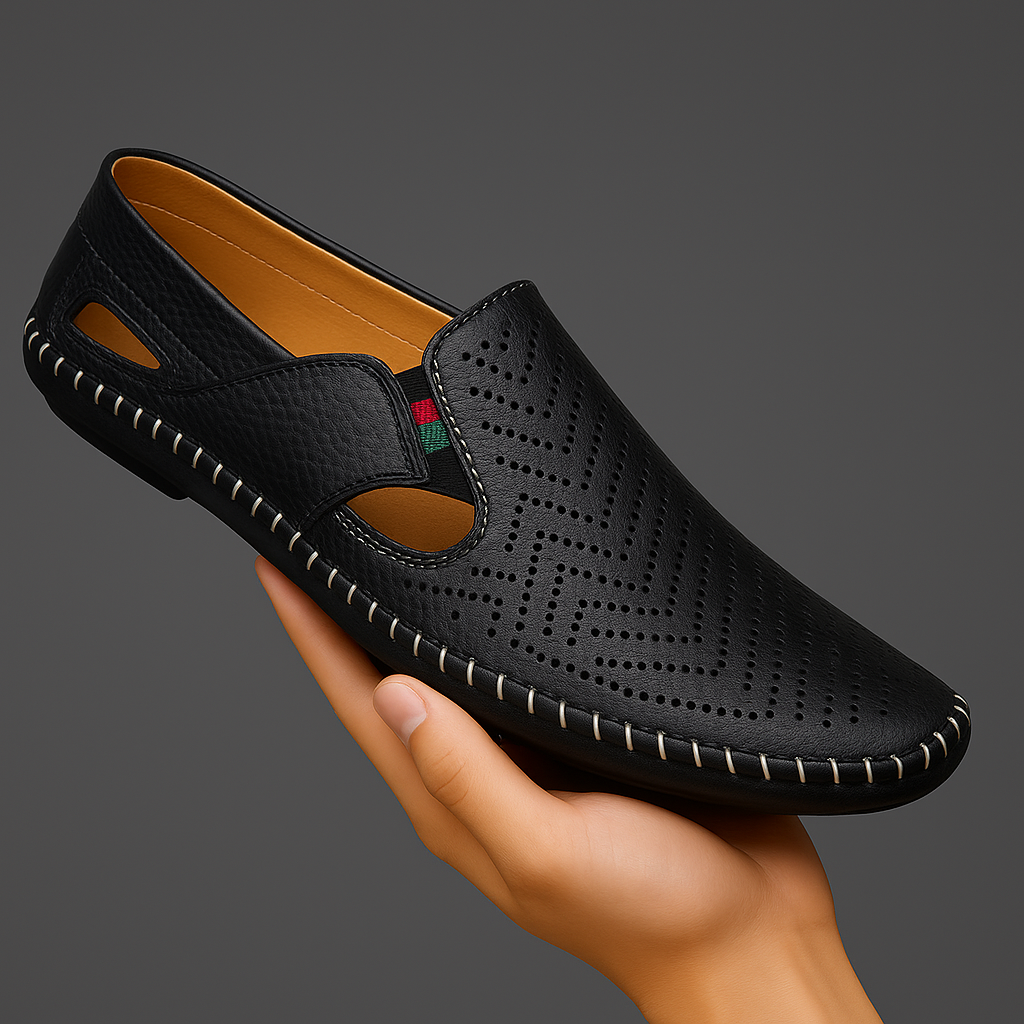 Close-up of the sandal sole and perforated leather upper
