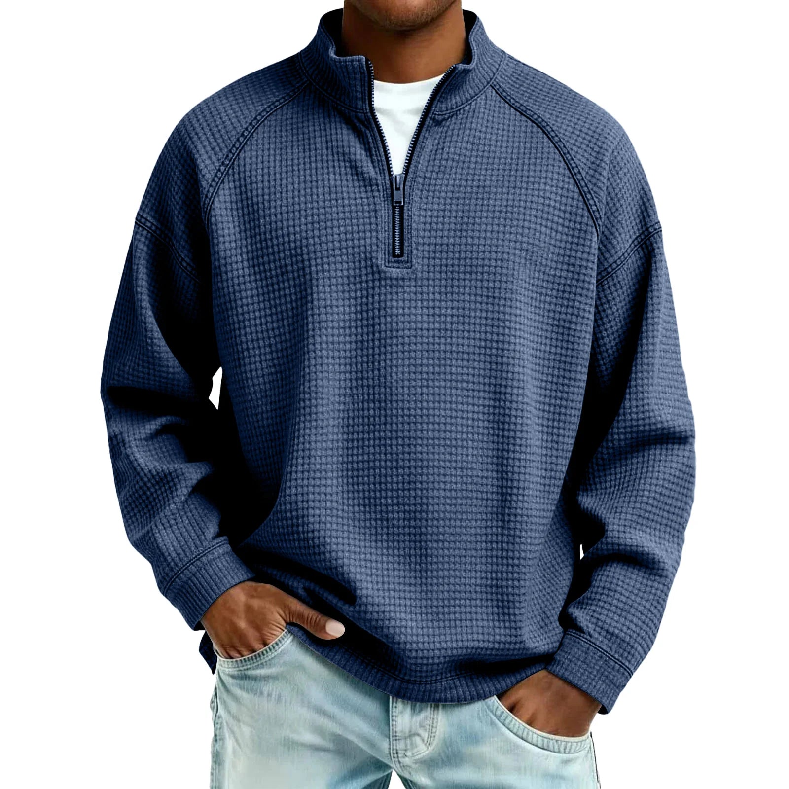 Men Waffle Knit Quarter Zip Pullover Loose Fit Casual Top