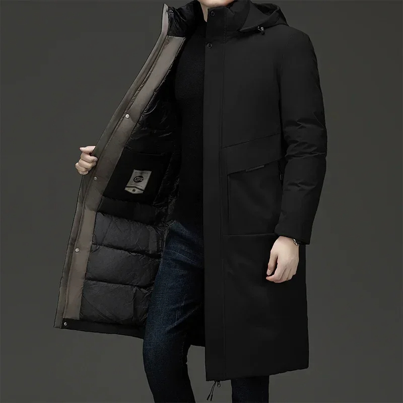 Men's hooded quilted coat displayed in a full-length view