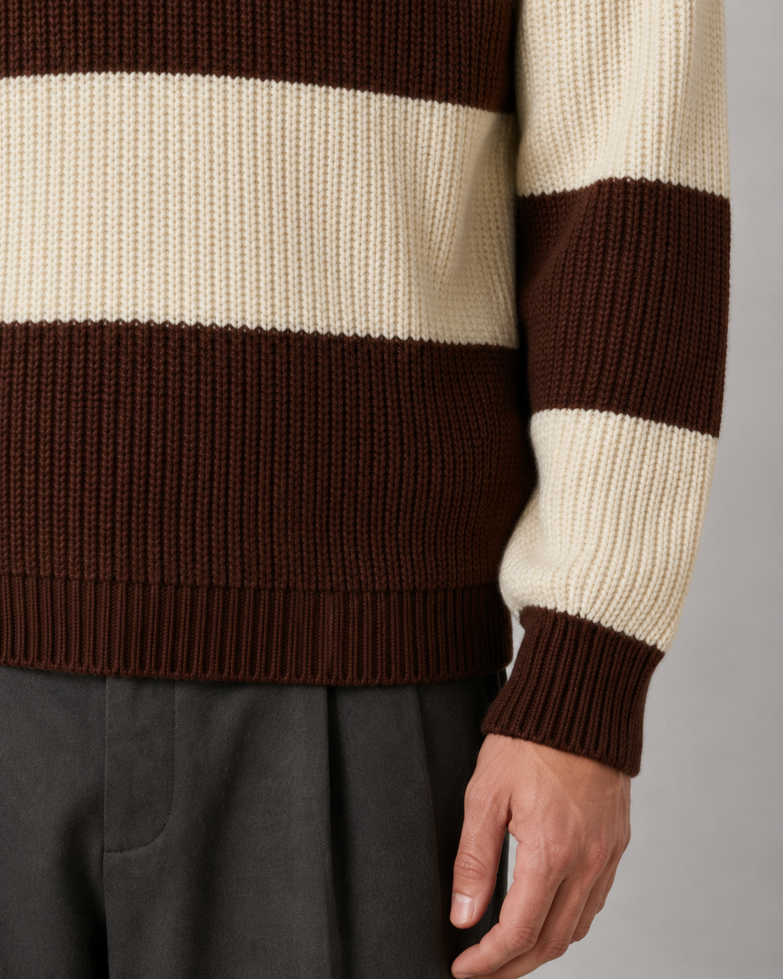 Men's Ribbed Knitted Striped Polo Sweater Chocolate Brown