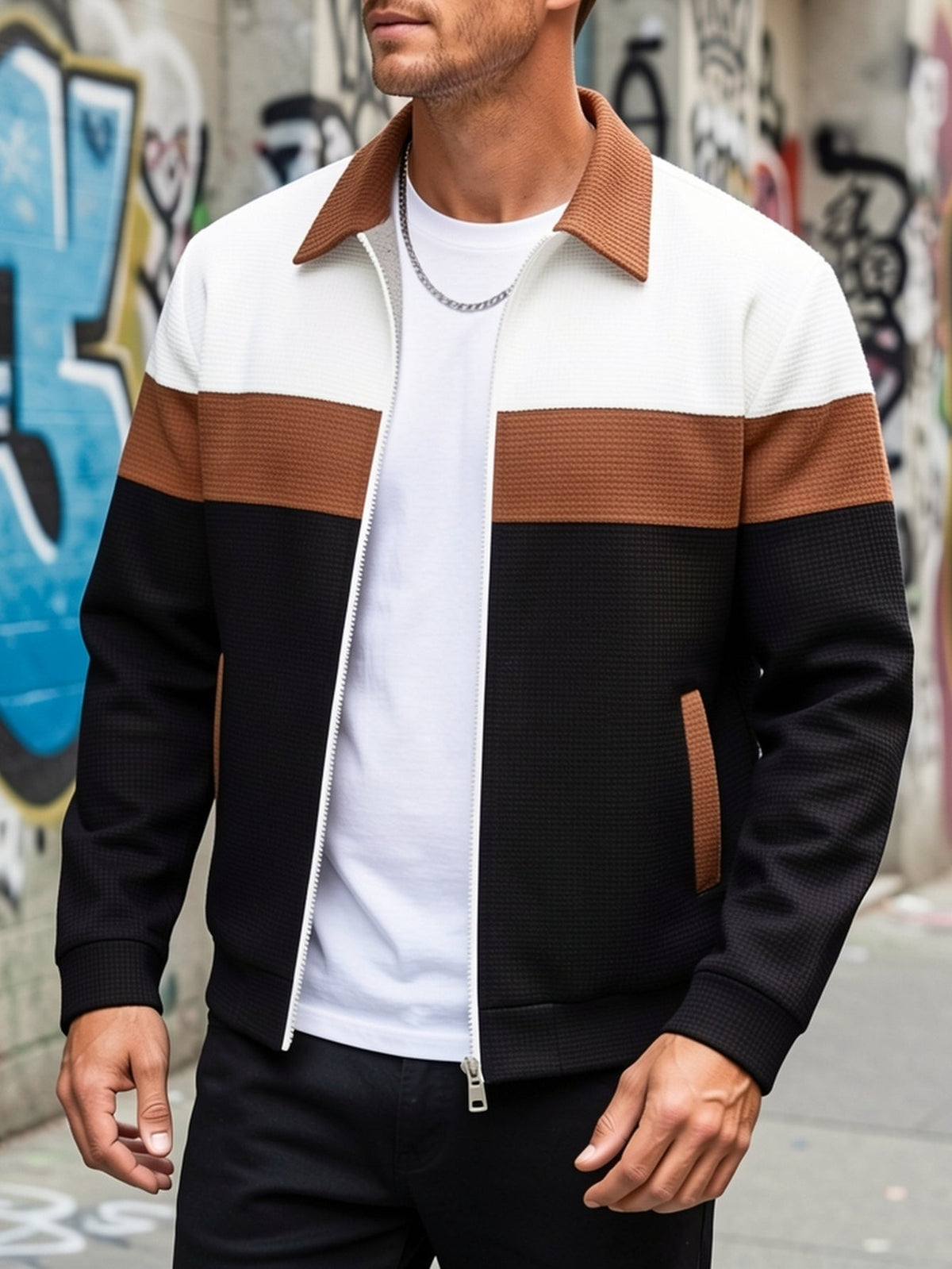 Men's colorblock zip jacket styled for casual everyday wear