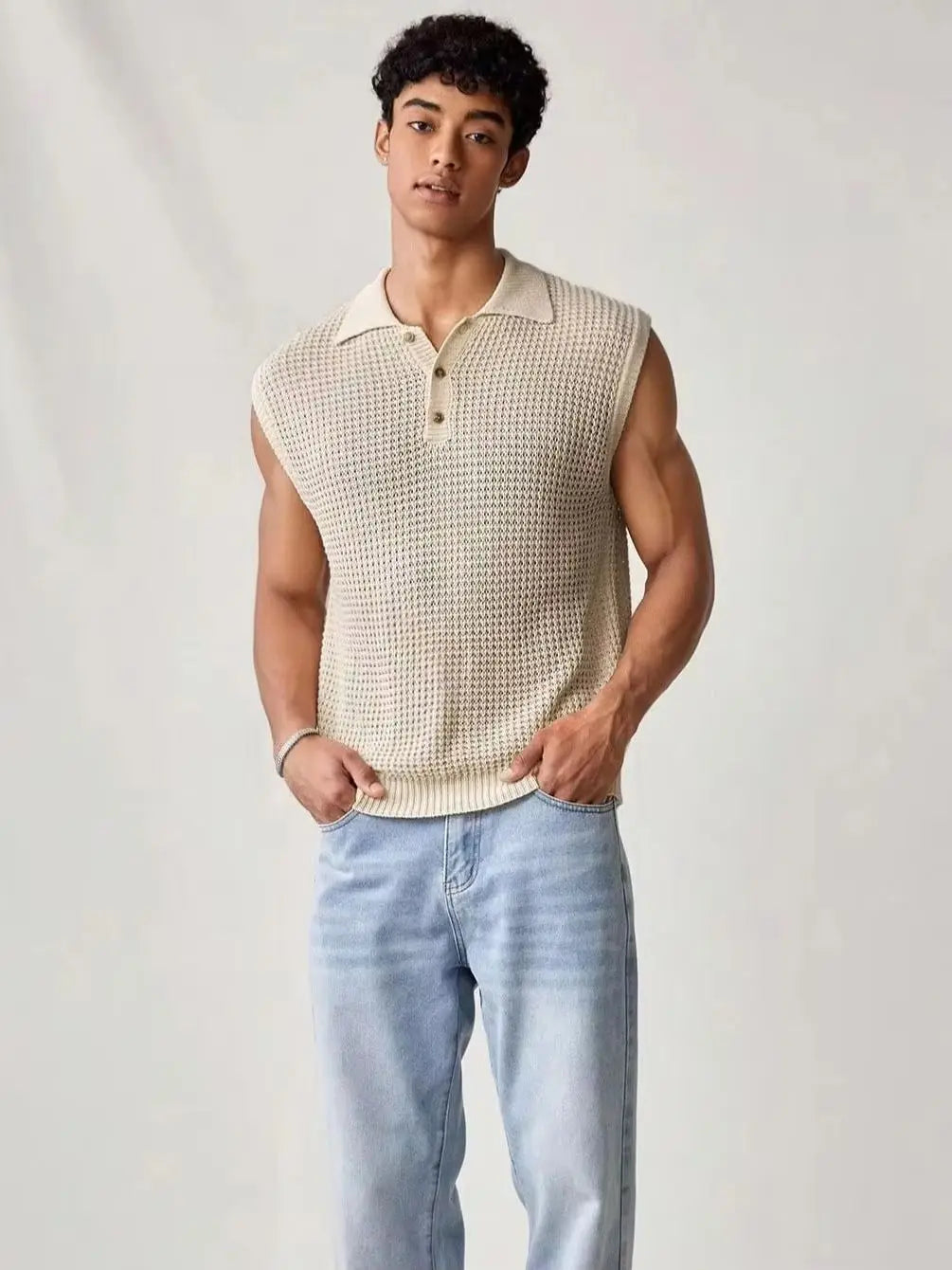 Men's Sleeveless Knit Polo Shirt Pointelle Hollow Out Black