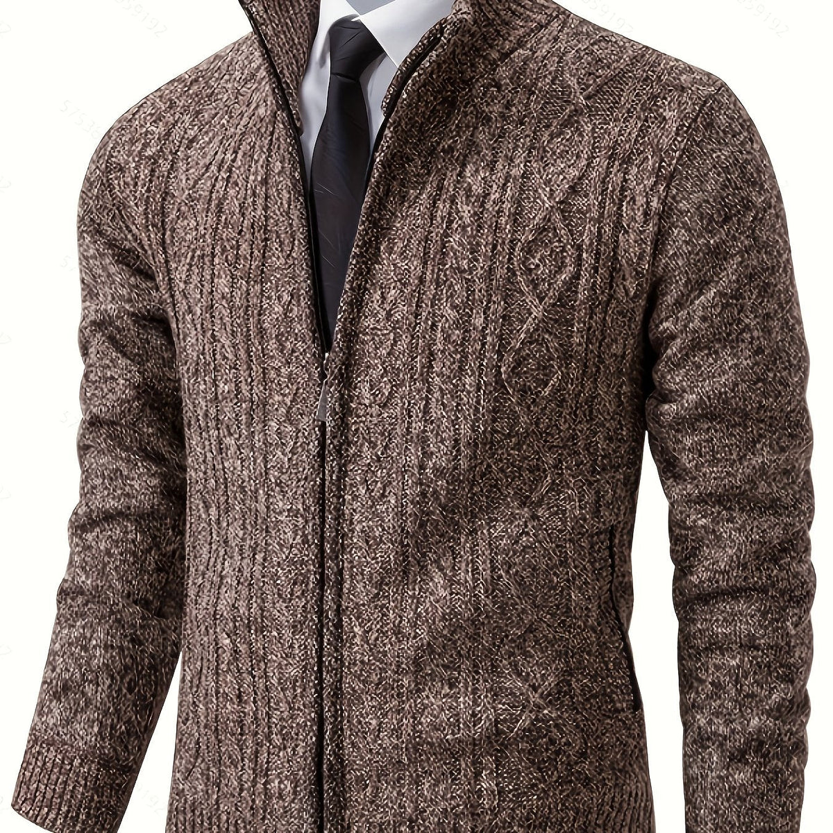Men's Textured Knit Zip Cardigan With Stand Collar
