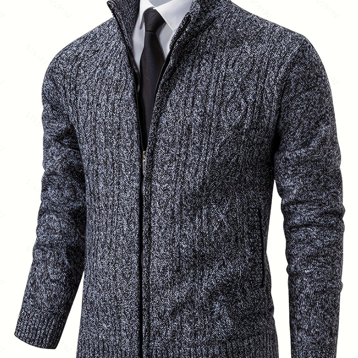 Men's Textured Knit Zip Cardigan With Stand Collar