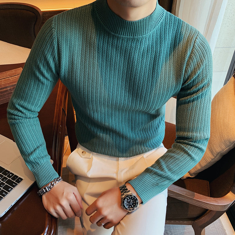 Side view of a men's collared pullover sweater with a simple silhouette
