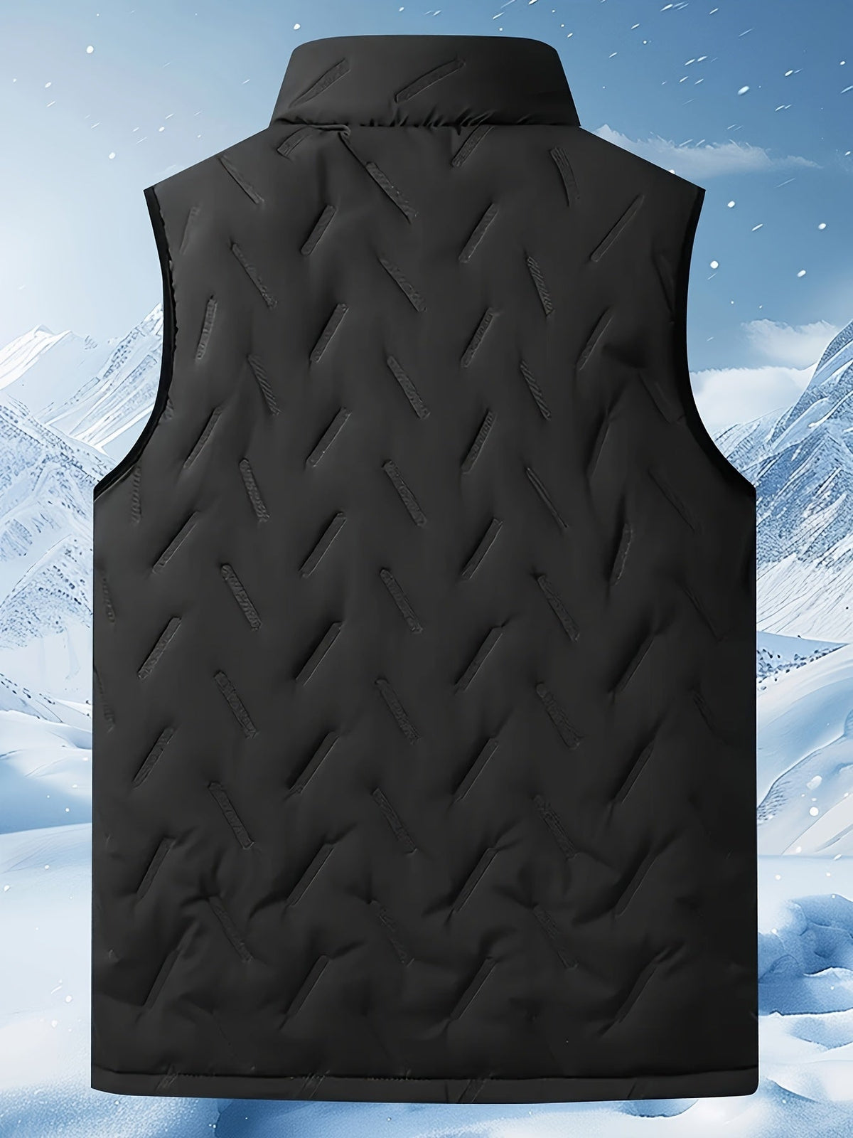 Men's padded vest displaying its quilted texture and stand collar
