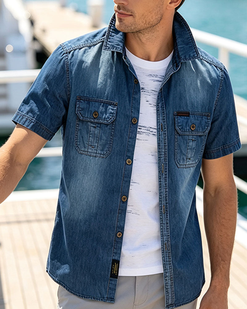 Men's denim shirt with short sleeves and button-front closure