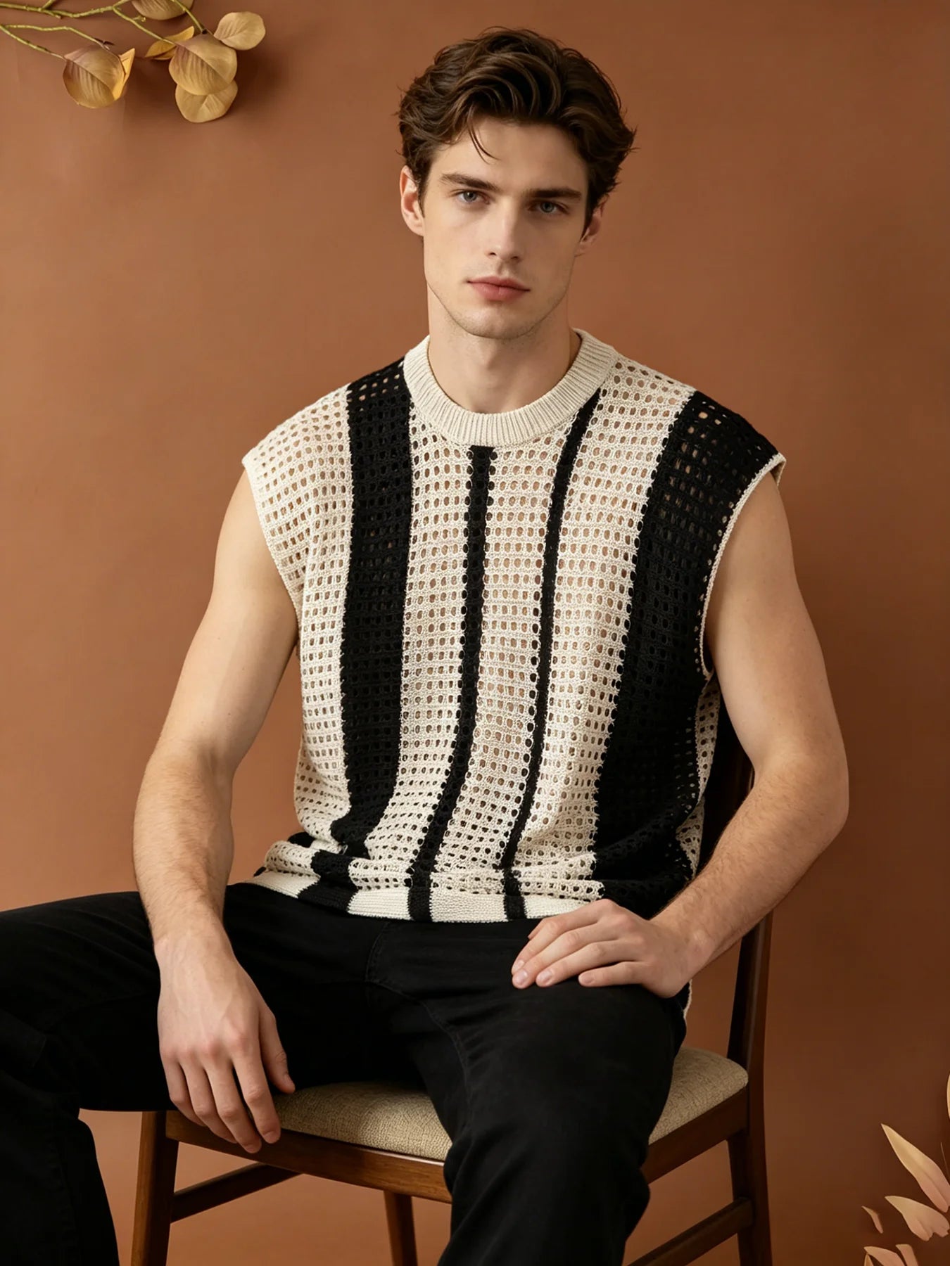 Men Hollow Out Striped Knit Vest Loose Fit