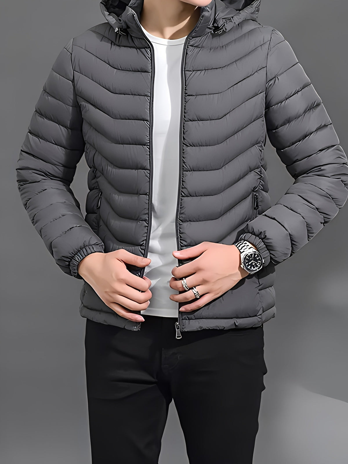Full view of a warm lightweight jacket for cool-weather outfits