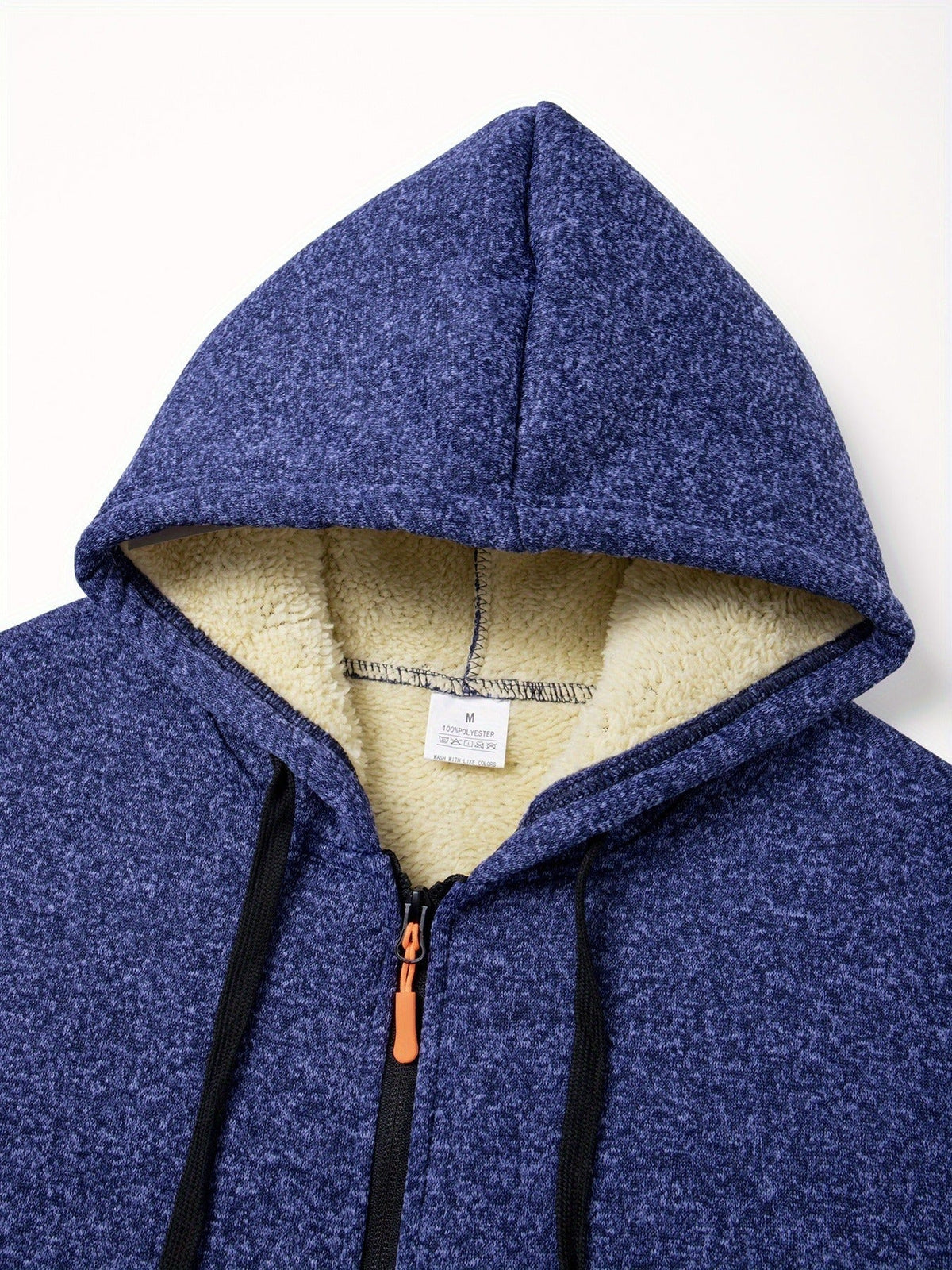 Side view of a long hooded coat with a comfortable silhouette