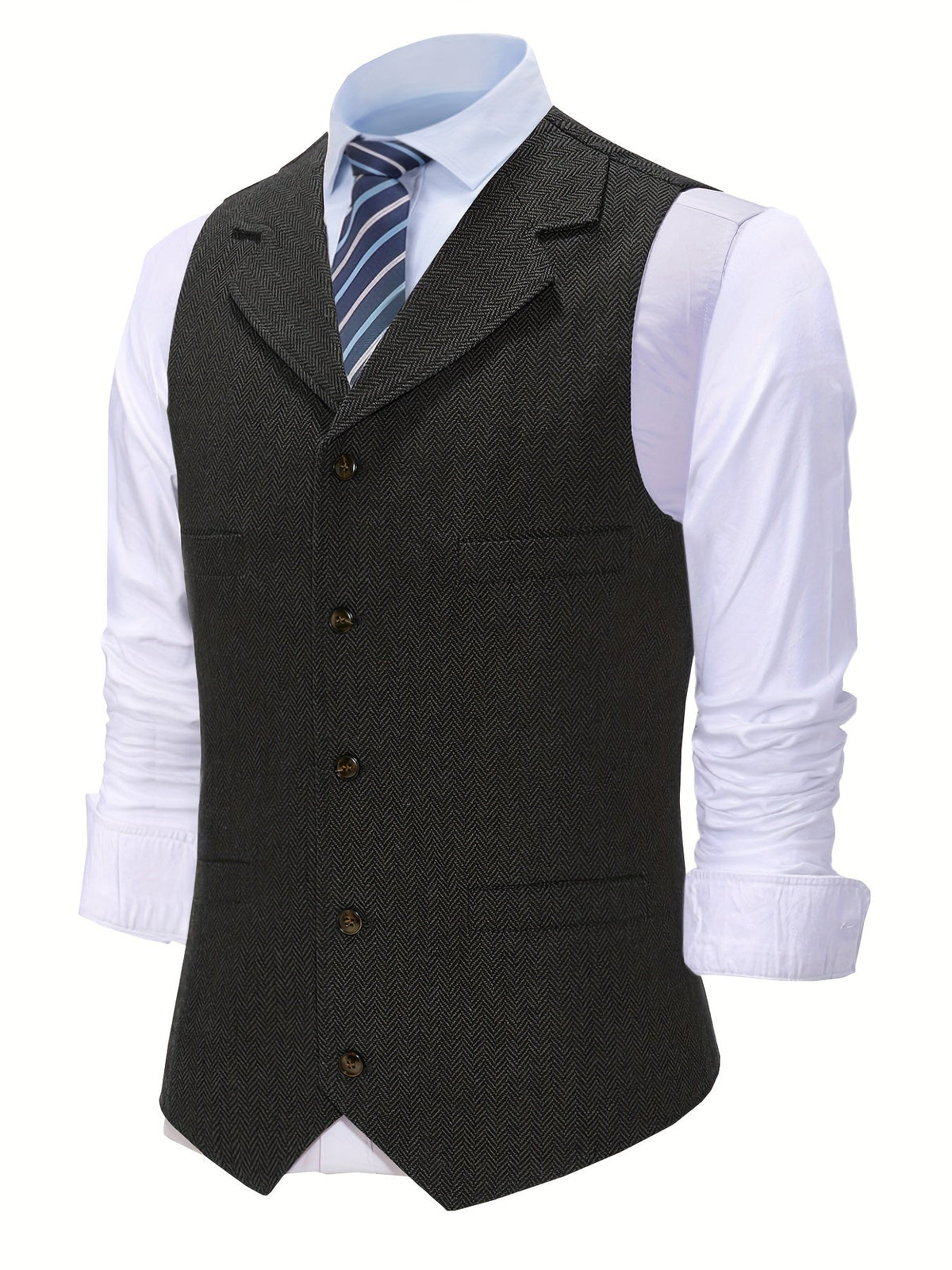 Side view of a men's herringbone vest with a tailored shape