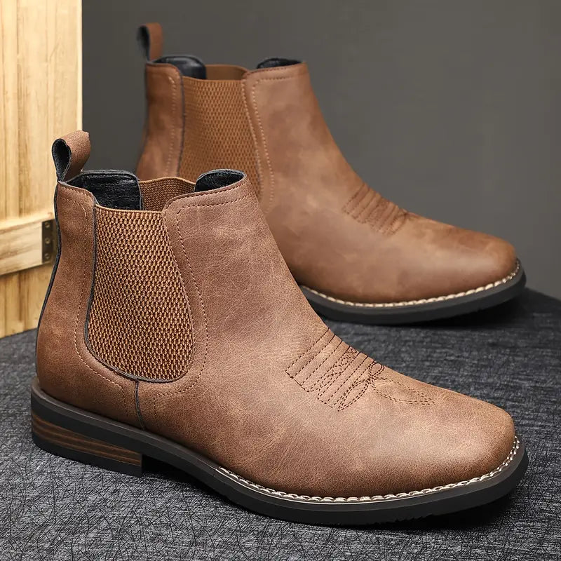 Detailed view of the leather texture on a men's boot