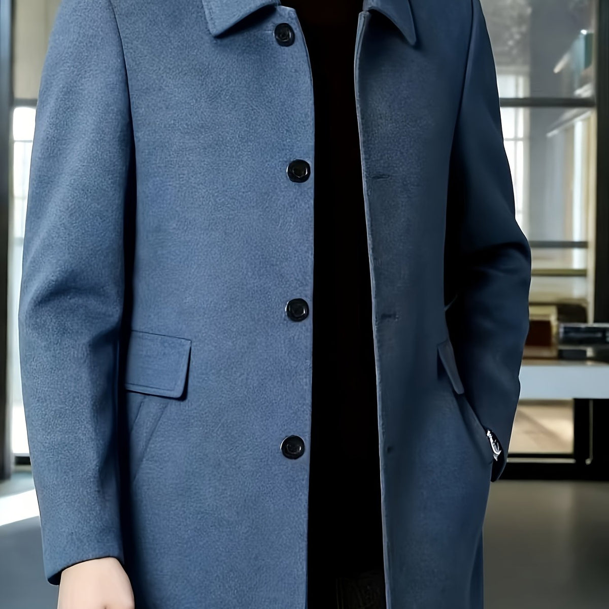 Close-up of the coat front and single-breasted closure