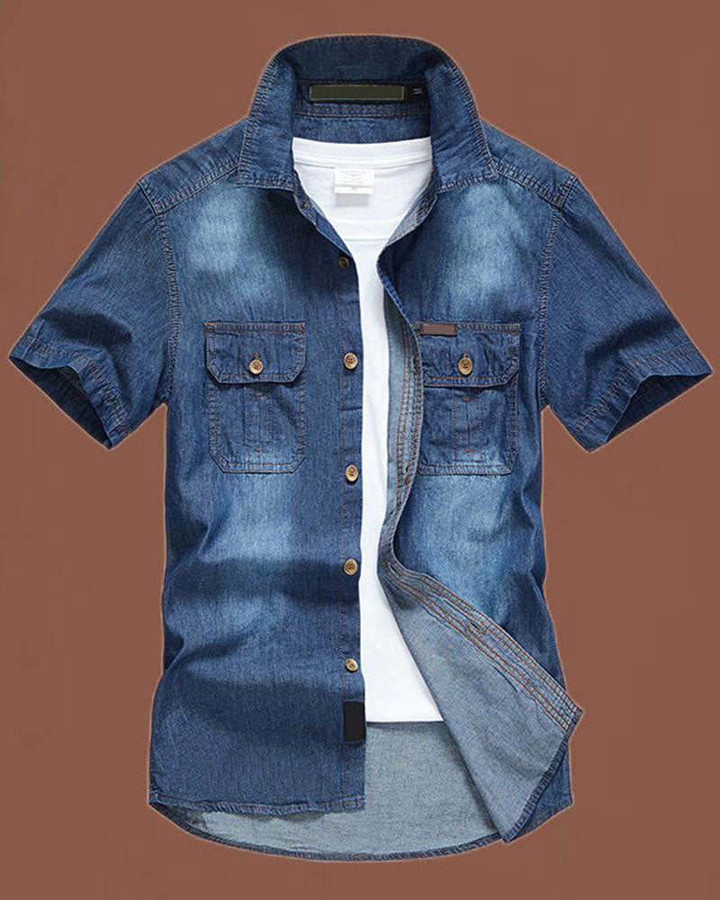 Close-up of the men's short-sleeve denim shirt fabric and collar