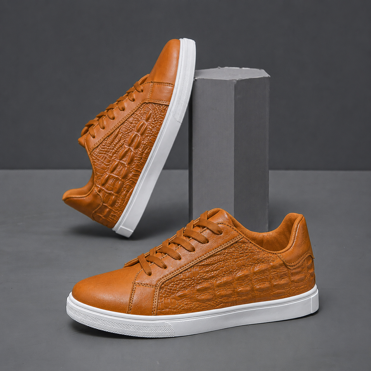 Side profile of crocodile texture leather court sneakers