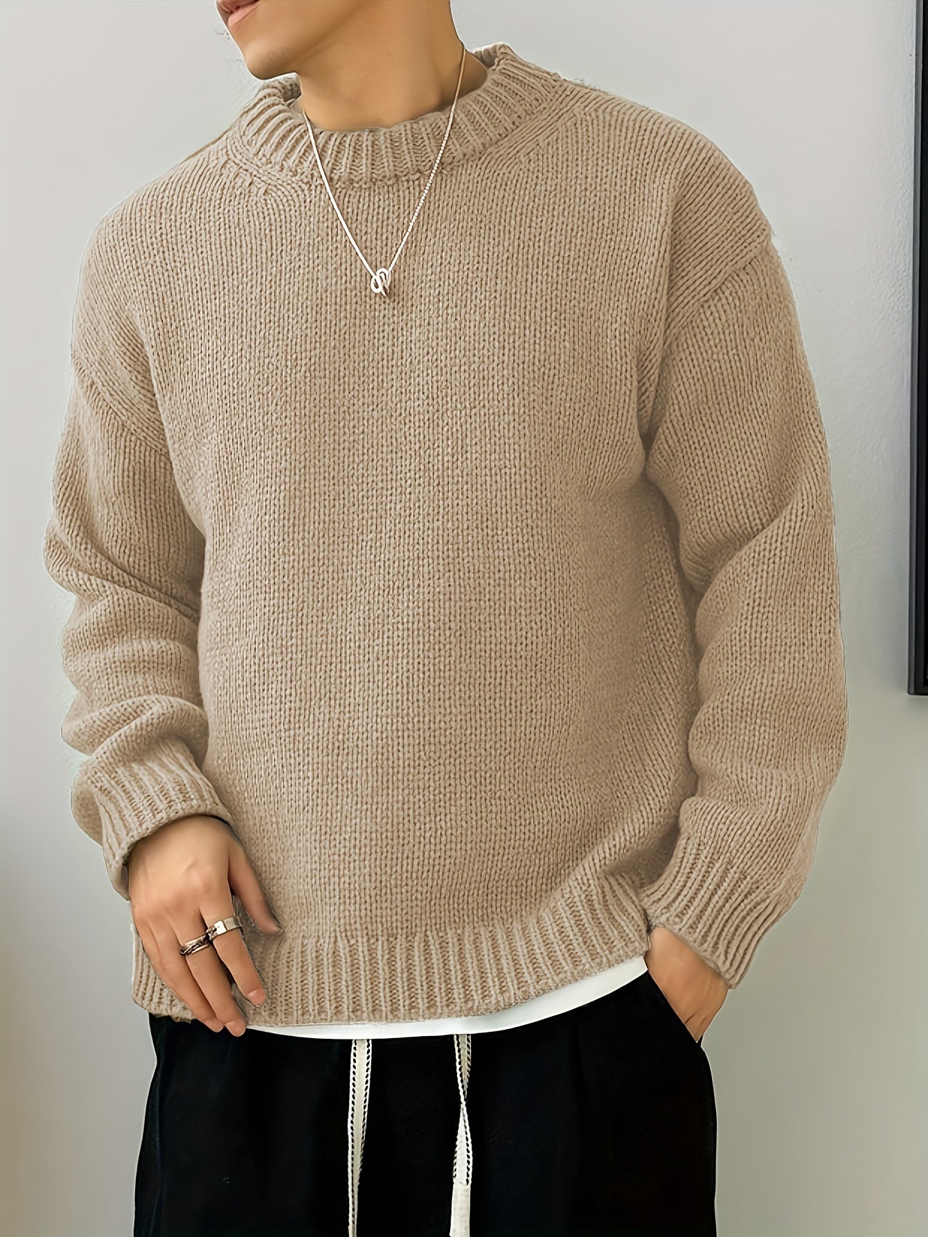 Textured knit oversized crewneck sweater front view