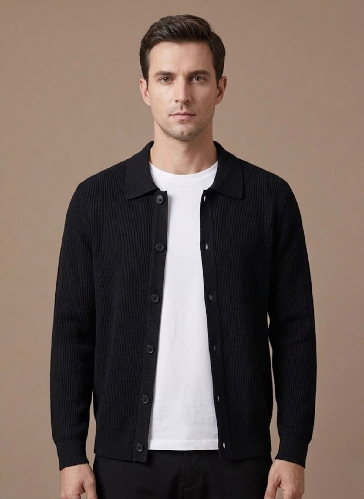 Men's relaxed fit long sleeve cardigan shown from the front