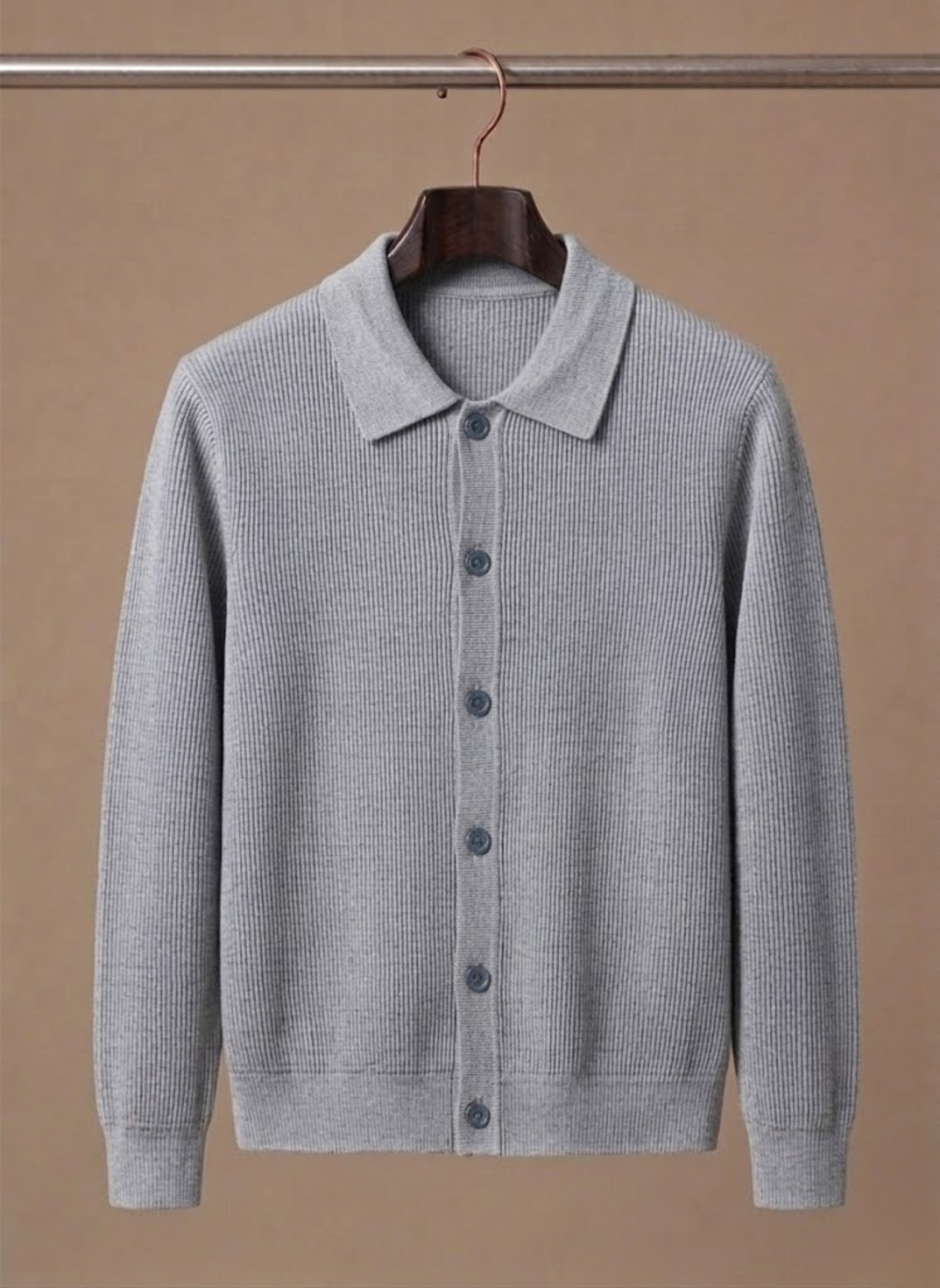 Detail view of the knit texture on a men's cardigan