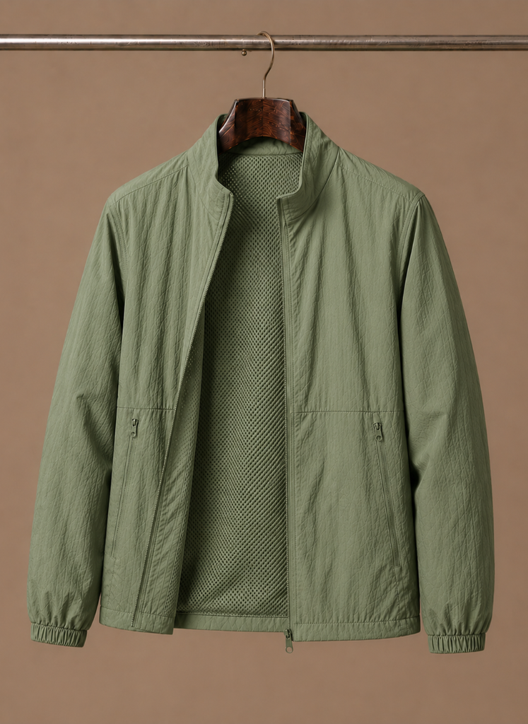 Detail view of the bomber jacket collar and front zipper