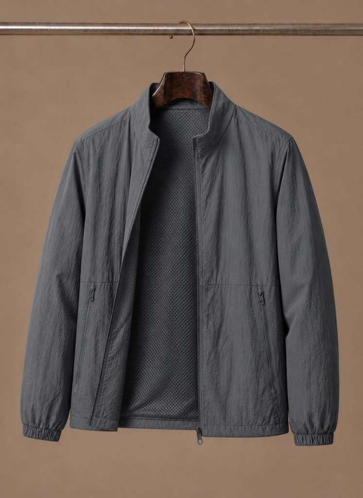 Side view of the men's mesh-lined bomber jacket
