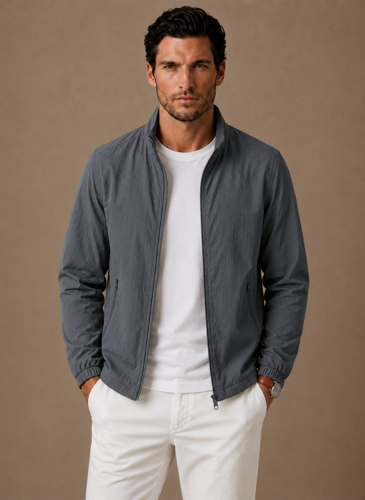 Men's bomber jacket displayed with its full zip-front design