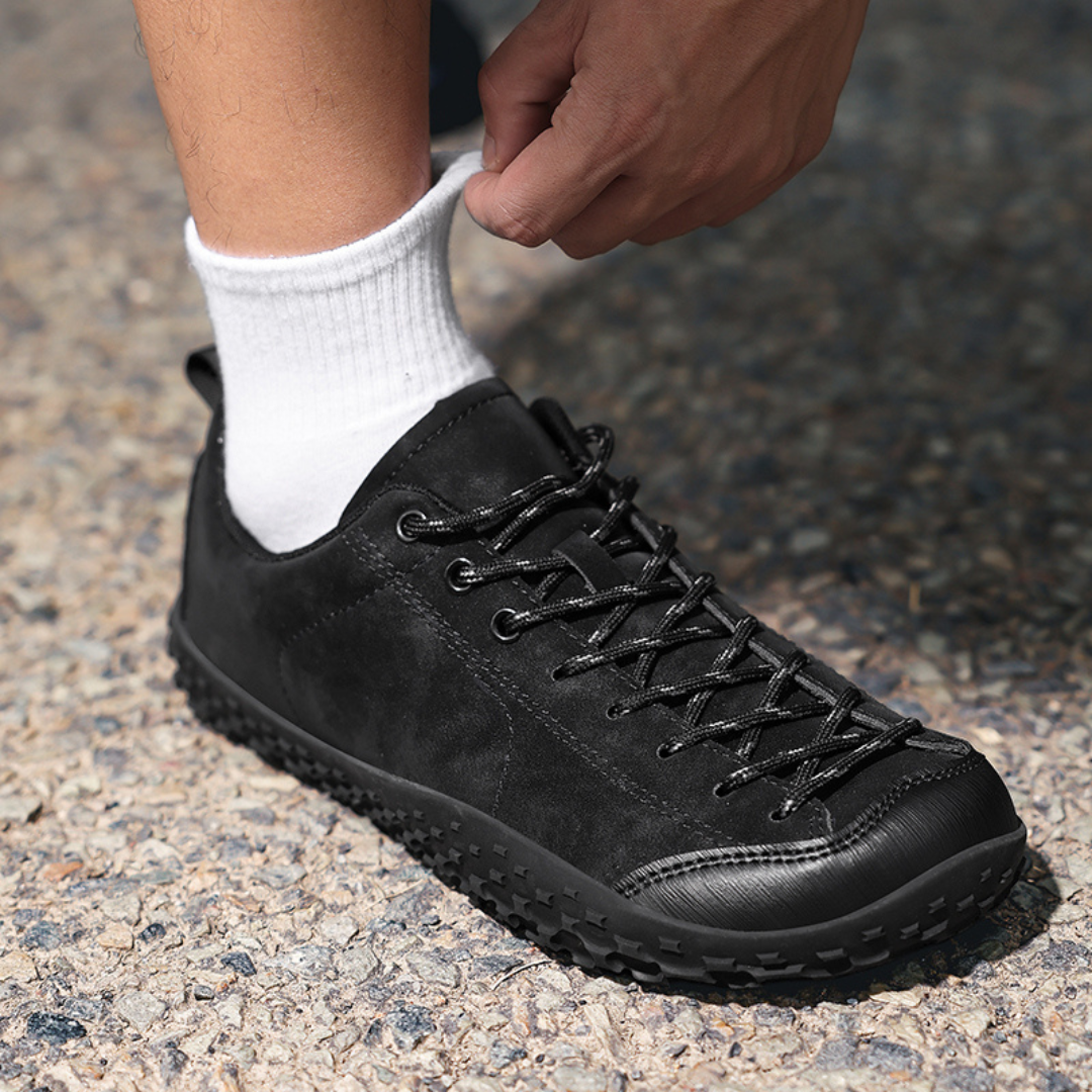 Barefoot hiking shoes with a supportive fit and wide toe box