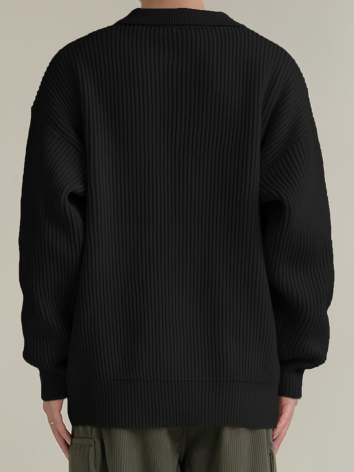 Side view of the ribbed collar button front cardigan