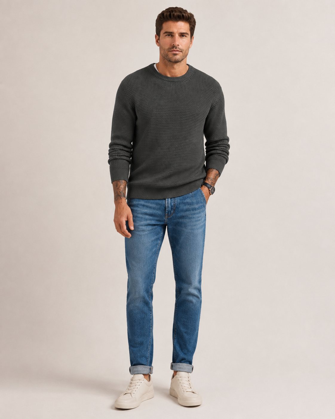 Men's pullover sweater showing the sleeve and shoulder construction