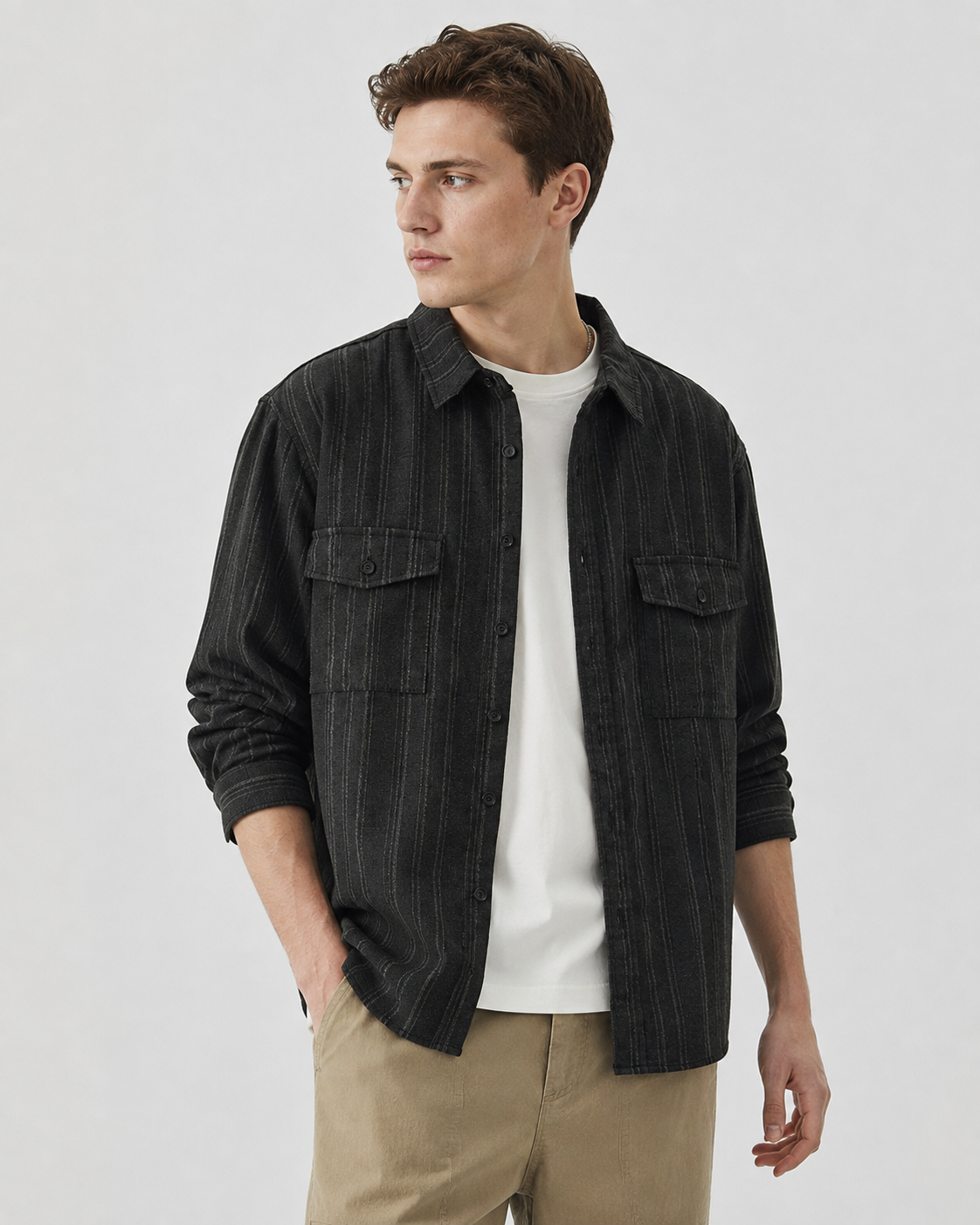 Textured overshirt pocket and front panel detail